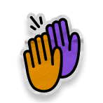 Cartoon-style icon of two hands—one orange, one purple—high-fiving with action lines, symbolizing support and celebration.
