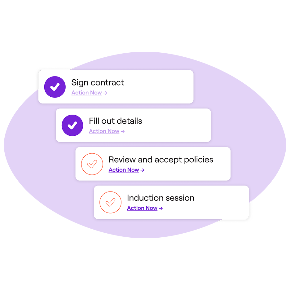 Onboarding checklist with tasks such as signing a contract, filling out details, reviewing and accepting policies, and attending an induction session