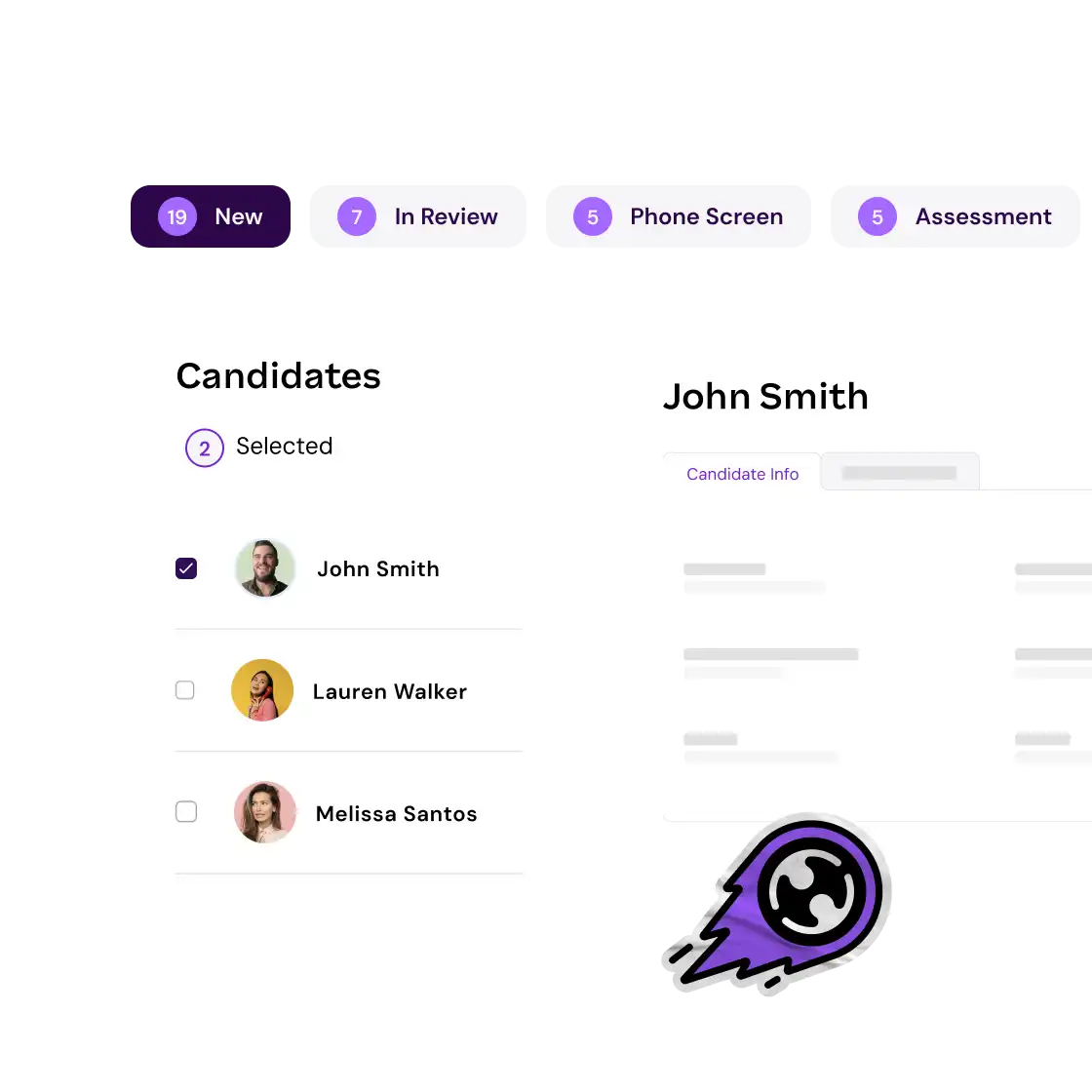 Job application interface showing candidate selection. Tabs display stages like "New," "In Review." Highlighted are John Smith and details for review.