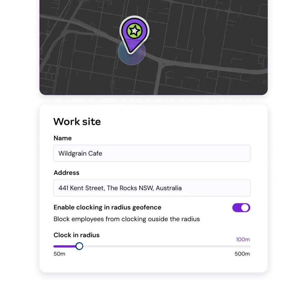 Map interface showing a pin for "Wildgrain Cafe" at 441 Kent Street, Australia. Geofence clock-in enabled with a 50m radius slider.